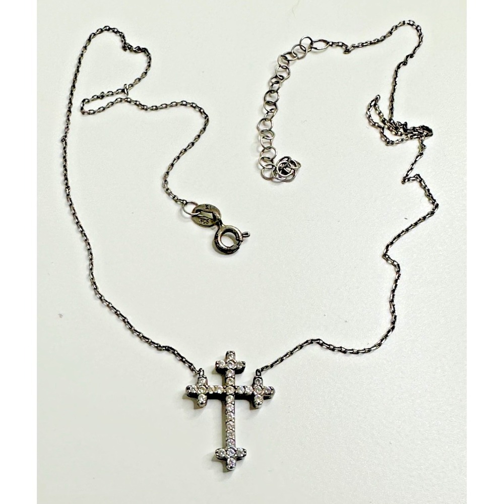 Sterling Silver Necklace‎ Cross Pendant Diamond Chips Italy Religious Adjustable